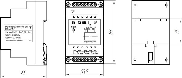 Рис.2. Габаритные, установочные и присоединительные размеры реле ПЭ-45А-1