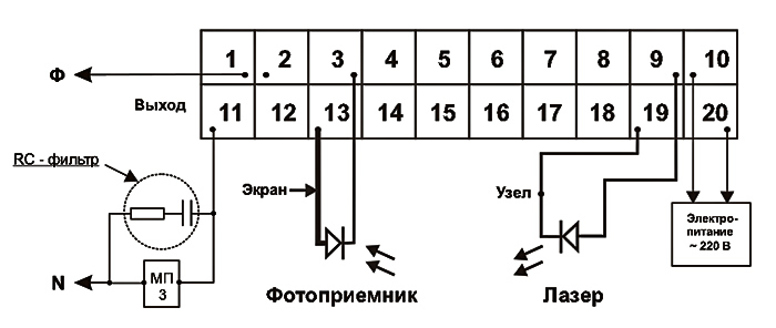 Схема подключения счетчика импульсов СГП-02 с применением лазера-фотоприемника